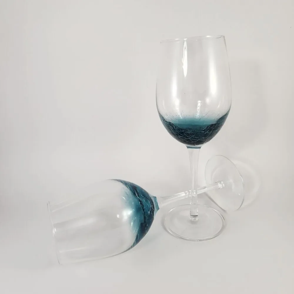 Pier 1 White Wine Glasses Set Of 2 Teal Blue Crackle Glass Wedding Toast